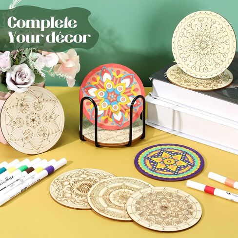45 Pcs Wooden Coasters Painting Set with Markers 4 Inch Boho Drink Coaster Gift Arts and Crafts DIY Kit for Adults, Women, Hobby, Christmas Ornament Home Apartment Decor (Mandala) in Saudi Arabia