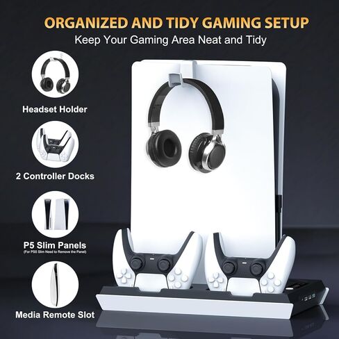 محطة التبريد النحيفة PS5/ PS5 مع محطة شحن وحدة تحكم مزدوجة ، حامل تبريد PS5 للحصول على وحدة تحكم PlayStation 5 ، حامل سماعات الرأس/ مروحة التبريد PS5/ 4 USB محور كل شيء في منظم إكسسوارات واحد ، أسود in Kuwait