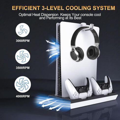 محطة التبريد النحيفة PS5/ PS5 مع محطة شحن وحدة تحكم مزدوجة ، حامل تبريد PS5 للحصول على وحدة تحكم PlayStation 5 ، حامل سماعات الرأس/ مروحة التبريد PS5/ 4 USB محور كل شيء في منظم إكسسوارات واحد ، أسود in Kuwait
