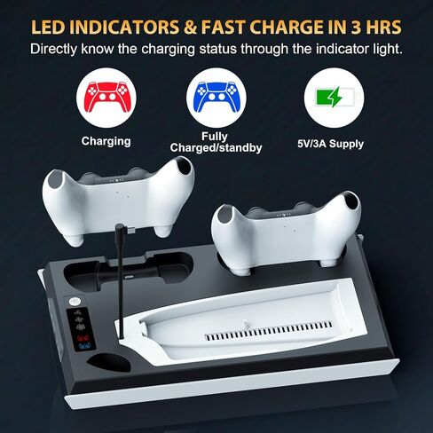 محطة التبريد النحيفة PS5/ PS5 مع محطة شحن وحدة تحكم مزدوجة ، حامل تبريد PS5 للحصول على وحدة تحكم PlayStation 5 ، حامل سماعات الرأس/ مروحة التبريد PS5/ 4 USB محور كل شيء في منظم إكسسوارات واحد ، أسود in Kuwait