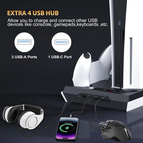 محطة التبريد النحيفة PS5/ PS5 مع محطة شحن وحدة تحكم مزدوجة ، حامل تبريد PS5 للحصول على وحدة تحكم PlayStation 5 ، حامل سماعات الرأس/ مروحة التبريد PS5/ 4 USB محور كل شيء في منظم إكسسوارات واحد ، أسود in Kuwait
