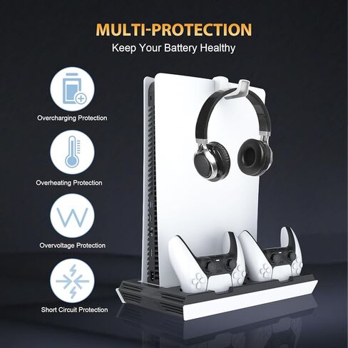 محطة التبريد النحيفة PS5/ PS5 مع محطة شحن وحدة تحكم مزدوجة ، حامل تبريد PS5 للحصول على وحدة تحكم PlayStation 5 ، حامل سماعات الرأس/ مروحة التبريد PS5/ 4 USB محور كل شيء في منظم إكسسوارات واحد ، أسود in Kuwait
