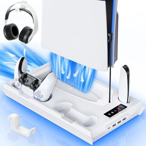 PS5 / PS5 Slim Cooling Station with Dual Controller Charging Station, PS5 Cooling Stand for PlayStation 5 Console, Headset Holder/ PS5 Cooling Fan/4 USB Hub All in One Accessories Organizer, Black in Saudi Arabia