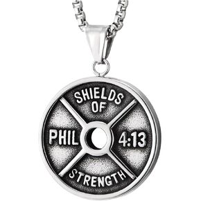 Mens Stainless Steel Philippians 4:13 Pendant Necklace, Shields of Strength Weight Plate Medallion in Saudi Arabia