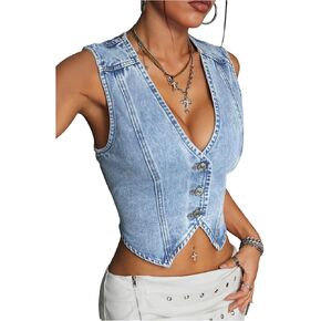 Floerns Women's Going Out Denim Vest Sleeveless Button Up V Neck Y2k Crop Tops in Kuwait