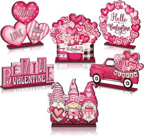 Wenqik 6 Pcs Vintage Rustic Valentine's Day Wooden Table Decorations Classic Red Valentine's Day Wood Tabletop Sign Centerpiece Romantic Valentine's Day Decor for Farmhouse Home Kitchen Tiered Tray in Kuwait