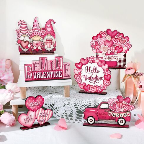 Wenqik 6 Pcs Vintage Rustic Valentine's Day Wooden Table Decorations Classic Red Valentine's Day Wood Tabletop Sign Centerpiece Romantic Valentine's Day Decor for Farmhouse Home Kitchen Tiered Tray in Kuwait