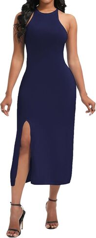 Women's Halter High Neck Bodycon Midi Slit Date Night Dress for Club Party Formal in Saudi Arabia