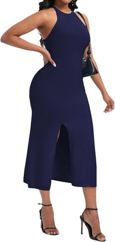 Women's Halter High Neck Bodycon Midi Slit Date Night Dress for Club Party Formal in Saudi Arabia