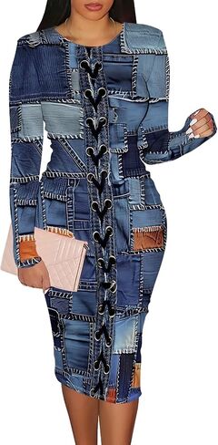 Wokanse Women's Long Sleeve Faux Denim Printed Bodycon Stretchy Midi Dresses for Party Club in Kuwait