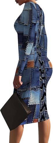 Wokanse Women's Long Sleeve Faux Denim Printed Bodycon Stretchy Midi Dresses for Party Club in Kuwait