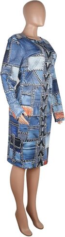 Wokanse Women's Long Sleeve Faux Denim Printed Bodycon Stretchy Midi Dresses for Party Club in Kuwait