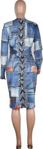 Wokanse Women's Long Sleeve Faux Denim Printed Bodycon Stretchy Midi Dresses for Party Club in Kuwait