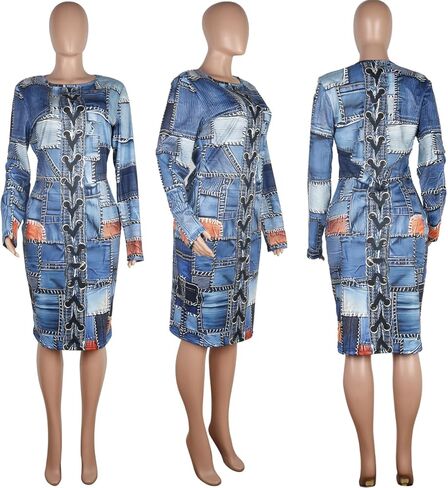 Wokanse Women's Long Sleeve Faux Denim Printed Bodycon Stretchy Midi Dresses for Party Club in Kuwait