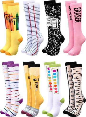 8 Pairs Crayon Socks Colorful Striped Thigh High Stockings Neon Knee Socks for Women Girls Halloween Costume Party Accessories in Kuwait