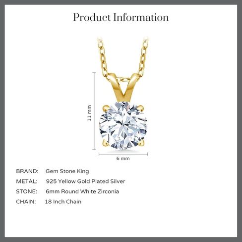 Gem Stone King 18K Yellow Gold Plated Silver 6MM Round Gemstone Birthstone Solitaire Pendant Necklace | 4-Prong Gold Necklace For Women | With 18 Inch Silver Chain in Saudi Arabia