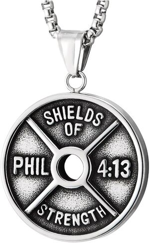 Mens Stainless Steel Philippians 4:13 Pendant Necklace, Shields of Strength Weight Plate Medallion in Saudi Arabia