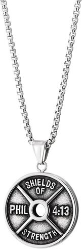 Mens Stainless Steel Philippians 4:13 Pendant Necklace, Shields of Strength Weight Plate Medallion in Saudi Arabia