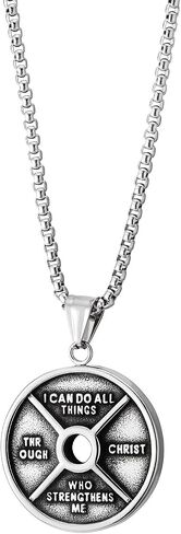 Mens Stainless Steel Philippians 4:13 Pendant Necklace, Shields of Strength Weight Plate Medallion in Saudi Arabia