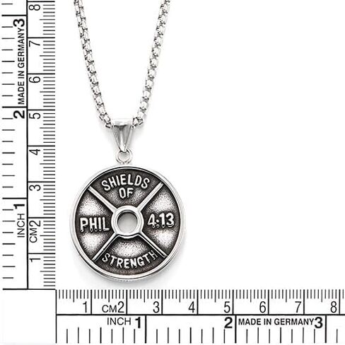Mens Stainless Steel Philippians 4:13 Pendant Necklace, Shields of Strength Weight Plate Medallion in Saudi Arabia