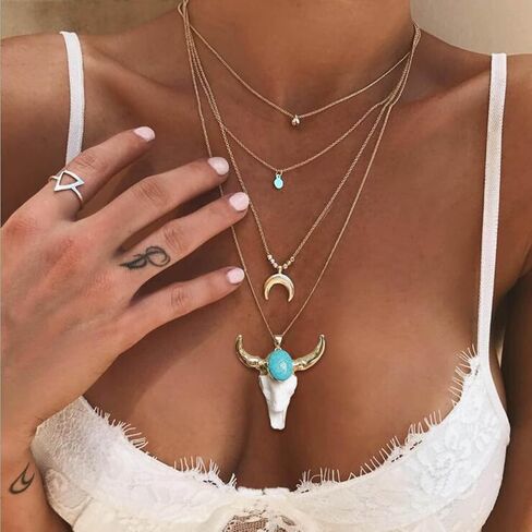 Boho Turquoise Necklace, Western Jewelry for Women, Hip Hop Charm White Bull Necklace for Men in Saudi Arabia