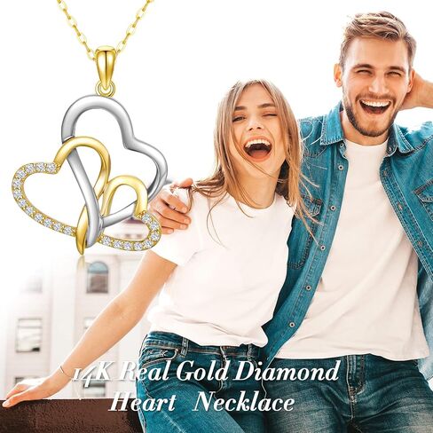SISGEM 14K Real Gold Natural Diamond Heart Necklace for Women,Yellow/White Gold Three Hearts Pendant Necklaces Valentine's Day Birthday Gifts for Mom Wife,16"-18" in Saudi Arabia