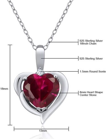 GEM Stone King 925 Sterling Silver Gemstone Birthstone and White Late Tapphire Heart Prendant Necklace for Women | 8 ملم شكل قلب ولكنة مستديرة 1.5 ملم | بسلسلة فضية 18 بوصة in Kuwait
