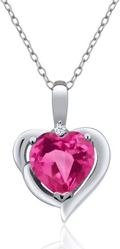 GEM Stone King 925 Sterling Silver Gemstone Birthstone and White Late Tapphire Heart Prendant Necklace for Women | 8 ملم شكل قلب ولكنة مستديرة 1.5 ملم | بسلسلة فضية 18 بوصة in Kuwait
