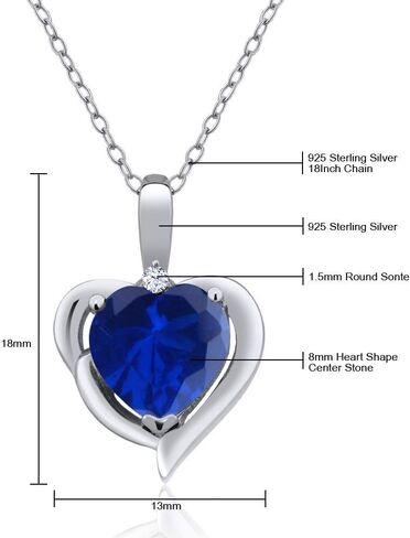 GEM Stone King 925 Sterling Silver Gemstone Birthstone and White Late Tapphire Heart Prendant Necklace for Women | 8 ملم شكل قلب ولكنة مستديرة 1.5 ملم | بسلسلة فضية 18 بوصة in Saudi Arabia