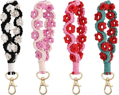 Soft Macrame Boho Keychain Handmade Keyring Flower Cute Weave Wristlet Bracelet Wrist Lanyard Women Teen Accessory in Saudi Arabia