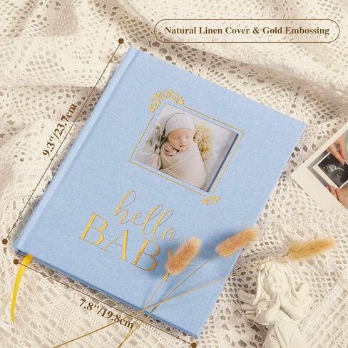 Lanpn Hello Baby Memory Book, Linen Baby Book Memories with DIY Window, Newborn First 5 Year Keepsake Journal Scrapbook Photo Book Baby Milestone Album for Boy Girl New Parents (Green, 154 Pages) in Saudi Arabia