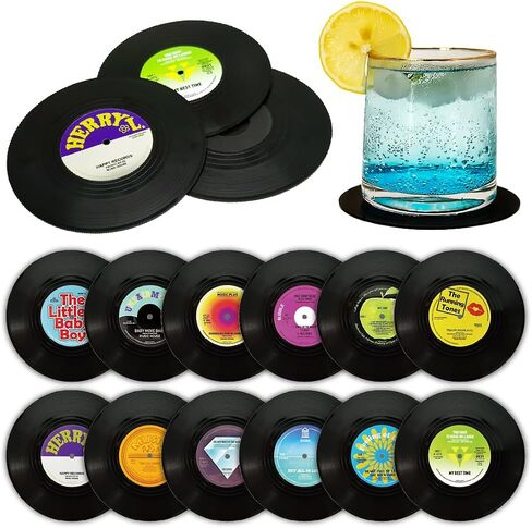 مجموعة Vintage Vinyl Records Set 12 قطعة-الوقايات المشروبات غير الماصة غير المنقولة ، هدية مثالية لعشاق الموسيقى والديكور الرجعية (M3) in Kuwait