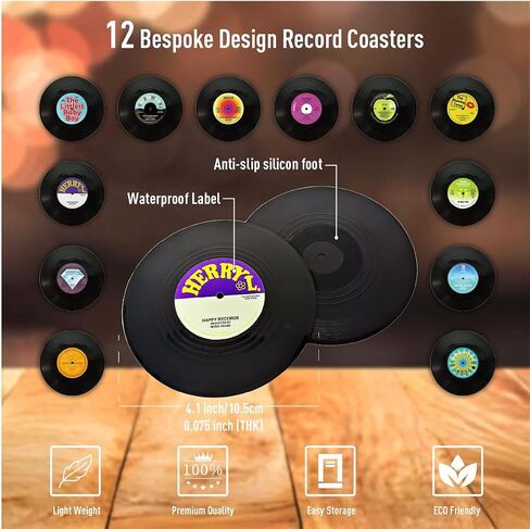 مجموعة Vintage Vinyl Records Set 12 قطعة-الوقايات المشروبات غير الماصة غير المنقولة ، هدية مثالية لعشاق الموسيقى والديكور الرجعية (M3) in Kuwait