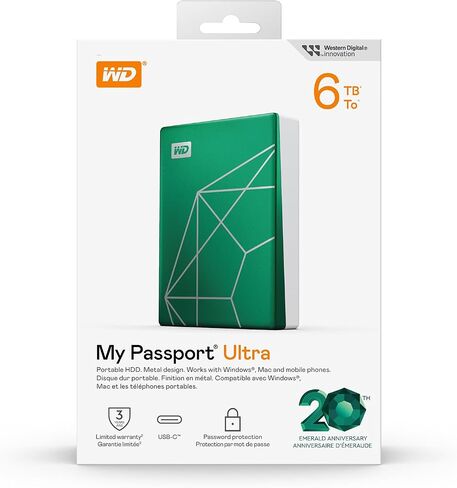 WD 2TB My Passport Ultra المحمول HDD ، الذكرى العشرين محرك الزمرد ، USB-C ، مع حماية النسخ الاحتياطي والكلمة المرور-WDBJXT0020BGN-WESN in Saudi Arabia