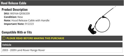 Hood Release Cable with Handle - Compatible with 2003-2009 Land Rover Range Rover in Saudi Arabia