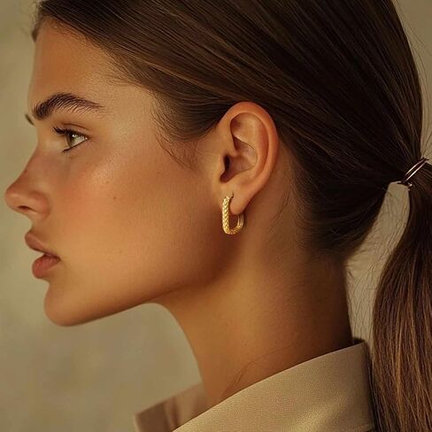 Gold Hoop Earrings for Women 14K Gold Earrings for Women Square Hoop Earring for Womens Square Shape with Rhombic Sculpture Womens Hoops Earring 20mm in Saudi Arabia