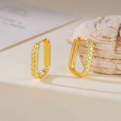 Gold Hoop Earrings for Women 14K Gold Earrings for Women Square Hoop Earring for Womens Square Shape with Rhombic Sculpture Womens Hoops Earring 20mm in Saudi Arabia