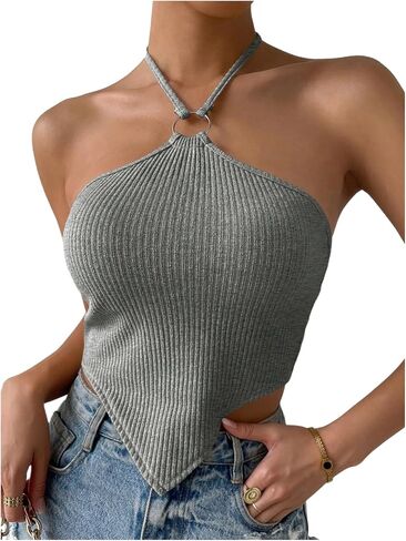 SOLY HUX Women's Tie Backless Halter Top Sleeveless Asymmetrical Hem Ribbed Knit Going Out Tops in Saudi Arabia