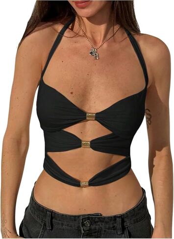 Milumia Women's Cut Out Halter Top Oblessing Tie Tops Lackless Crops in Saudi Arabia
