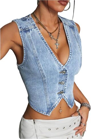 Floerns Women's Going Out Denim Vest Sleeveless Button Up V Neck Y2k Crop Tops in Kuwait