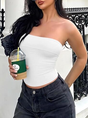 Tankaneo Womens Strapless Tube Tops Cropped Y2K Going Out Fitted Tank Tops Summer Trendy Layered Bandeau Shirts in Saudi Arabia