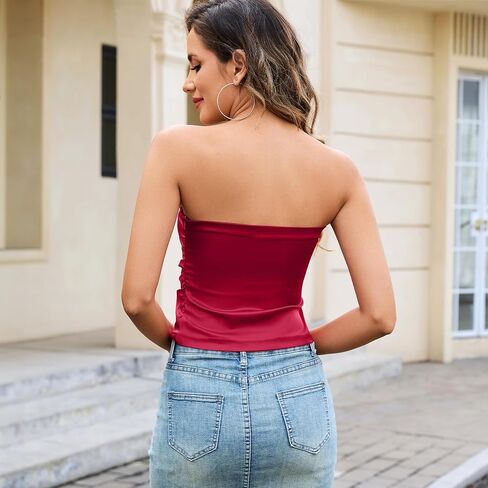 Strapless Tube Tops for Women Basic Ruched Crop Top Sleeveless Backless Bandeau Tanks Going Out Sexy Shirts in Kuwait