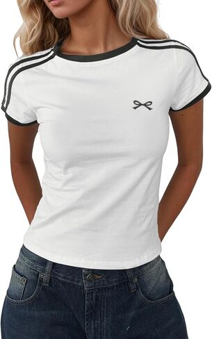 Bow Embroidery Top Baby Tees for Women Y2k Cute Crop Tops Clean Girl Aesthetic Shirts Summer Coquette Clothes in Saudi Arabia