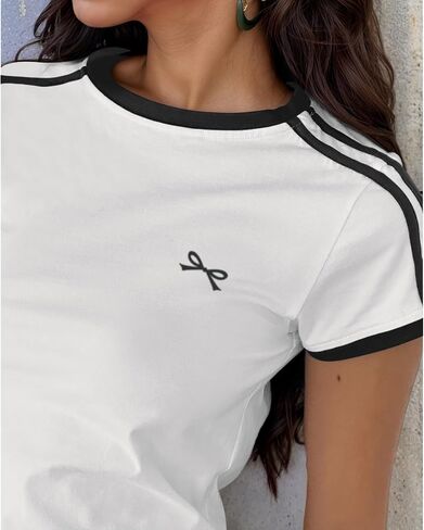 Bow Embroidery Top Baby Tees for Women Y2k Cute Crop Tops Clean Girl Aesthetic Shirts Summer Coquette Clothes in Saudi Arabia