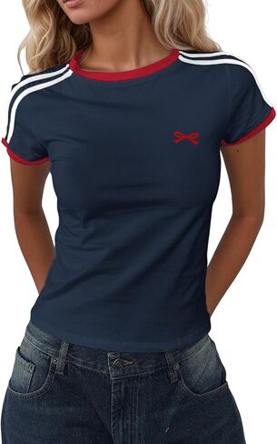 Bow Embroidery Top Baby Tees for Women Y2k Cute Crop Tops Clean Girl Aesthetic Shirts Summer Coquette Clothes in Saudi Arabia