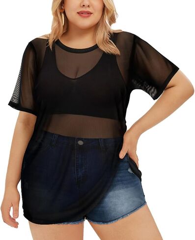 Ritera plus size mesh tops for women sexy sexy shore short fishnet قمصان سوداء بلوزات xl-5xl in Kuwait