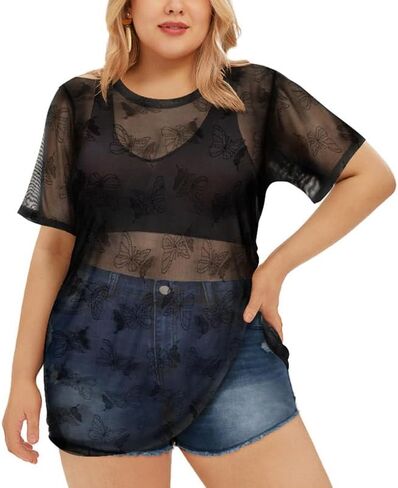 Ritera plus size mesh tops for women sexy sexy shore short fishnet قمصان سوداء بلوزات xl-5xl in Kuwait