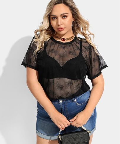 Ritera plus size mesh tops for women sexy sexy shore short fishnet قمصان سوداء بلوزات xl-5xl in Kuwait