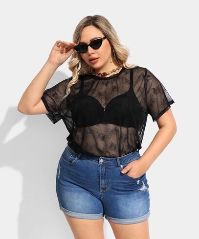 Ritera plus size mesh tops for women sexy sexy shore short fishnet قمصان سوداء بلوزات xl-5xl in Kuwait