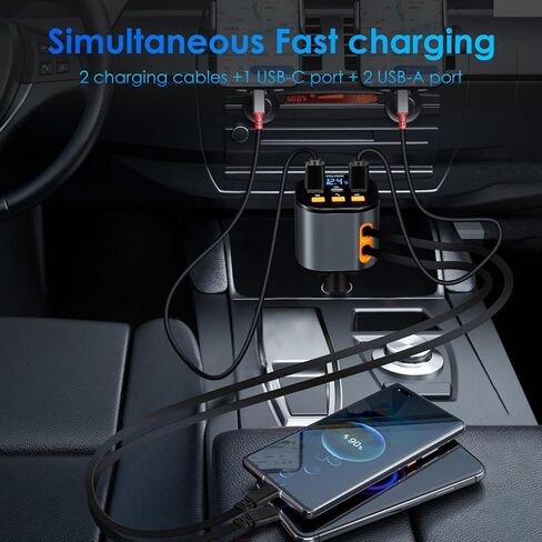 شاحن سيارة قابل للسحب ، 5 في 1 شاحن هاتف سريع للسيارة 90 واط ، بلوتوث 5.3 محول جهاز الإرسال من Bluetooth ، شاحن سيارة مكالمات يدوي ، كابلات قابلة للسحب وشاحن سيارة USB لـ iPhone 15/14/13 (أرجواني) in Kuwait